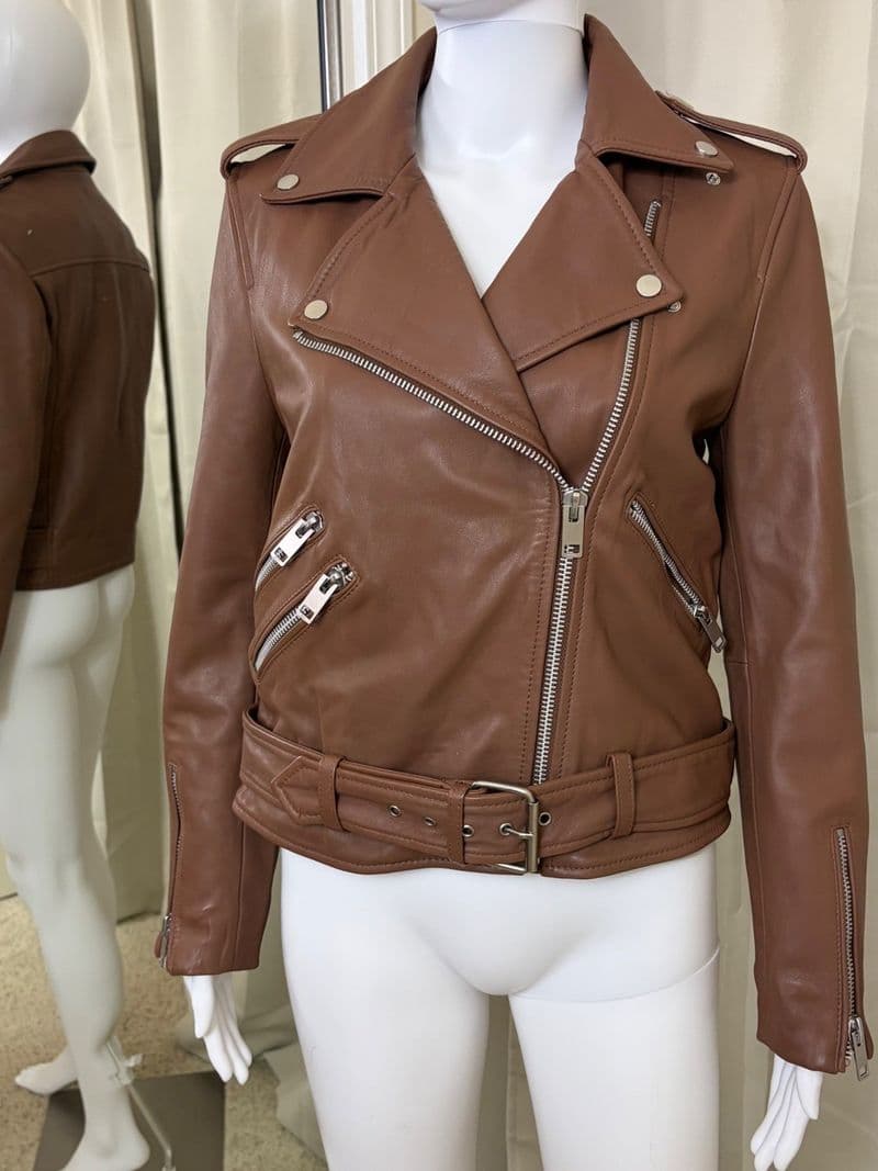 Walter Baker Liz Lamb Leather Moto Jacket Brown Cognac Biker Belted Med — photo 1