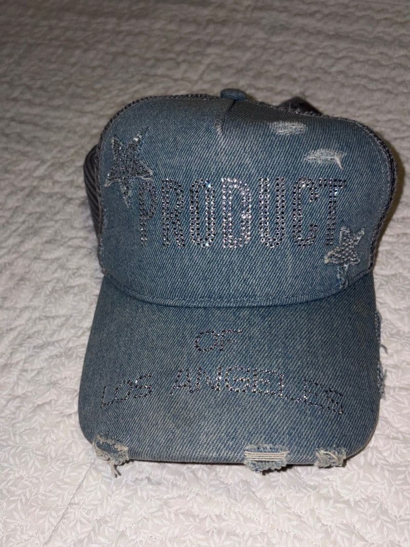 Product of Los Angeles Rhinestone Distressed Denim Trucker Hat Blue Y2K Snapback — photo 1