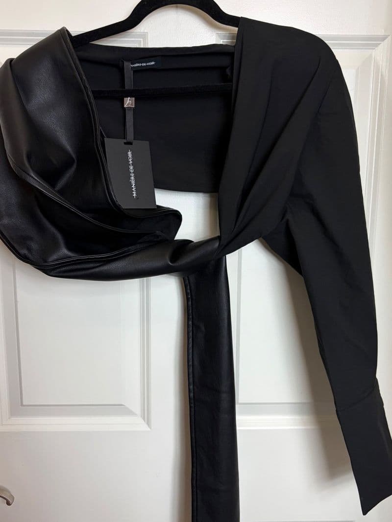 Maniere De Voir One Shoulder Vegan Leather Wrap Top Black US 2 NWT — photo 1