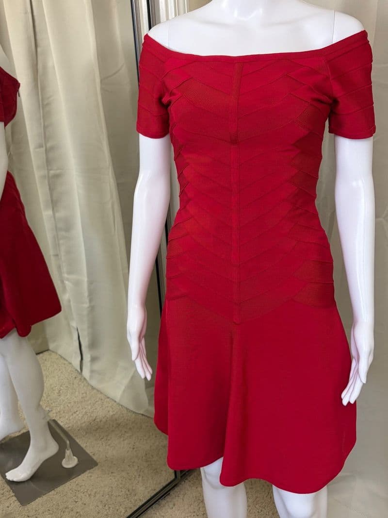 Herve Leger Red Off the Shoulder Bandage A-Line Dress HOI66P37 Small — photo 1