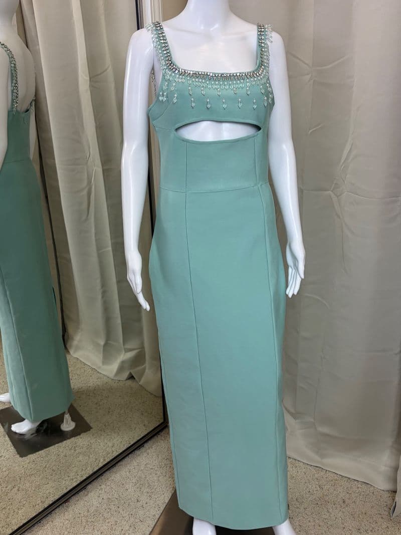 Bella Barnett Mint Green Embellished Bandage Maxi Dress Cutout Rhinestone Large — photo 1