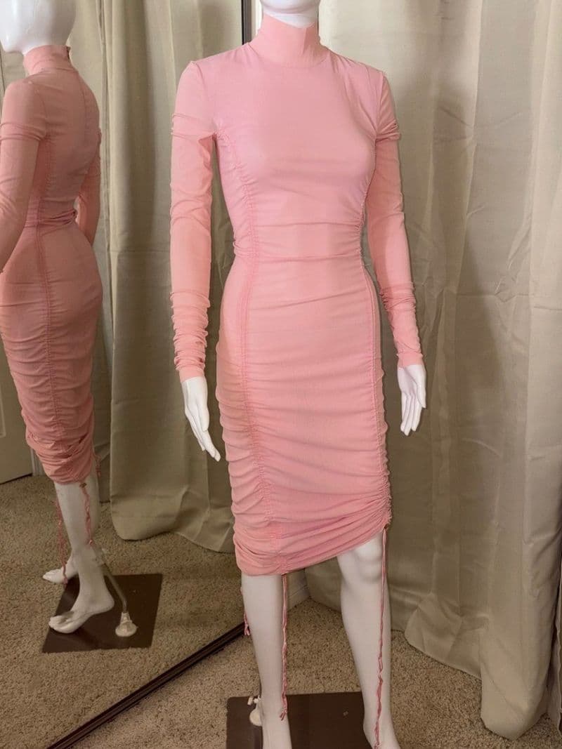 August Getty Atelier Gigi Pink Mesh Ruched Bodycon Midi Dress Mock Neck — photo 1