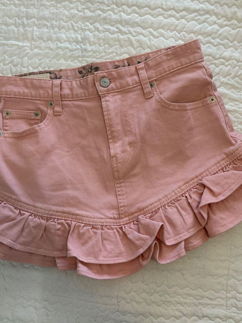 Gap x LoveShackFancy Pink Denim Ruffle Mini Skirt Size 0 25 Cottagecore Floral — photo 1