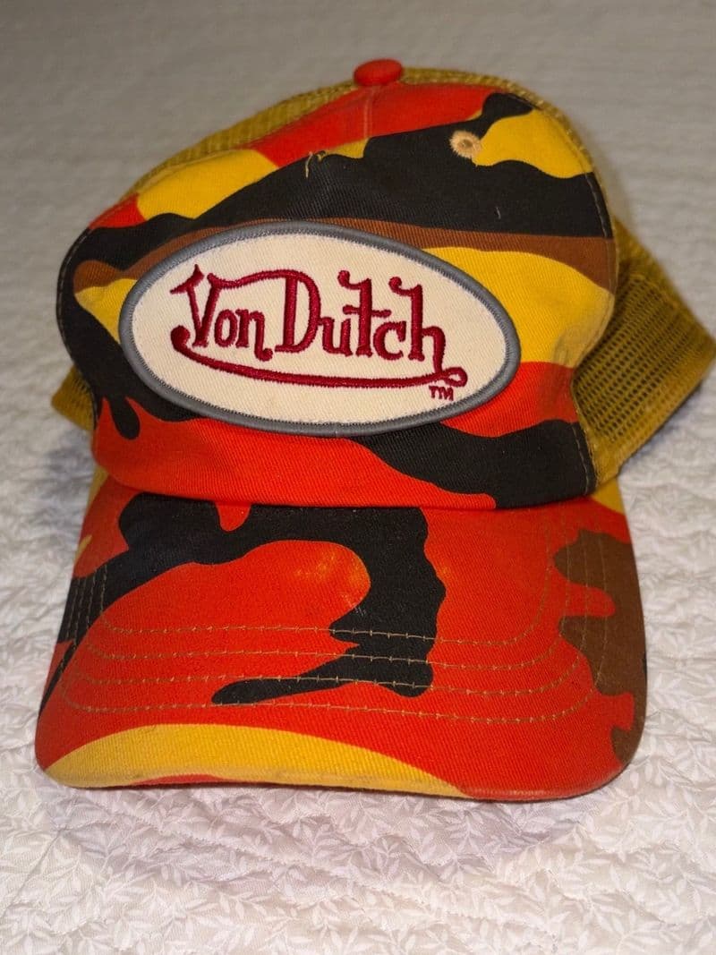 Von Dutch Trucker Hat Orange Yellow Camo Mesh Snapback Y2K Kustom Made Cap — photo 1
