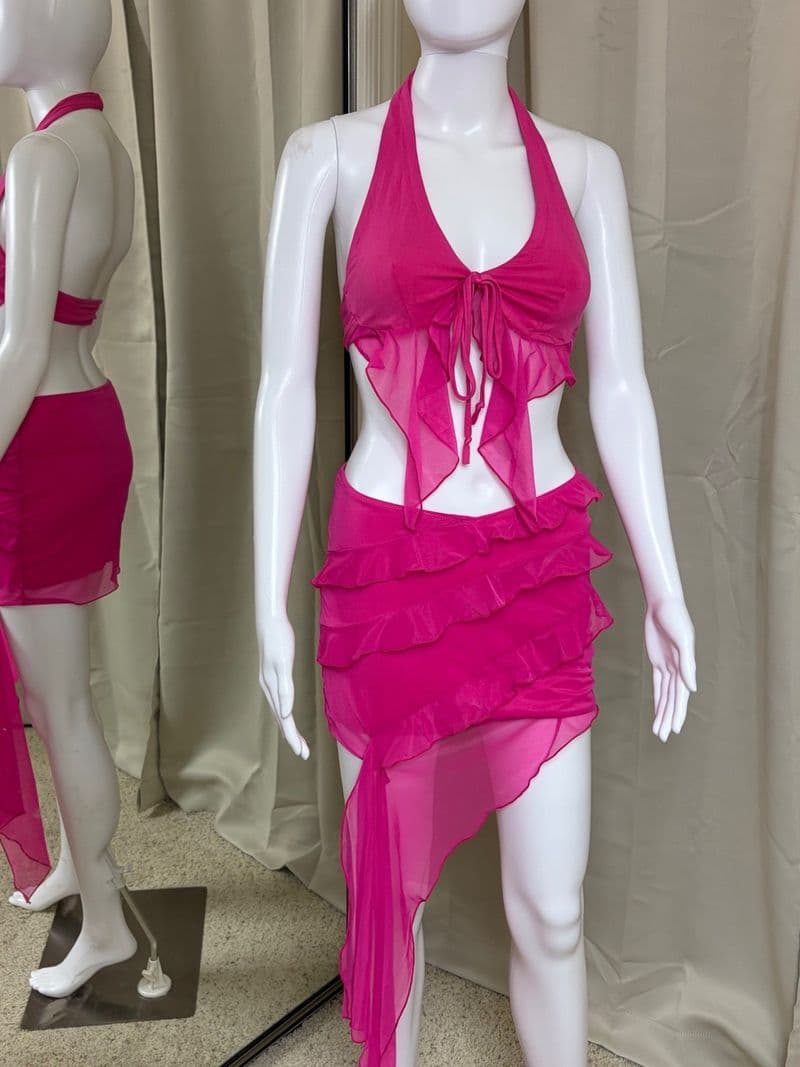 Y2K Hot Pink Halter Crop Top and Ruffle Mesh Mini Skirt Set Small — photo 1