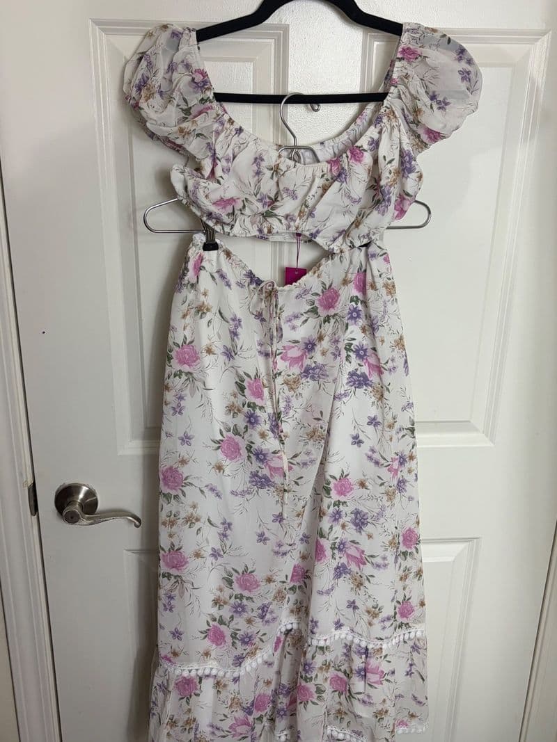 Adirlina Floral Chiffon 2 Piece Set Crop Top Maxi Skirt White Pink Purple XS — photo 1