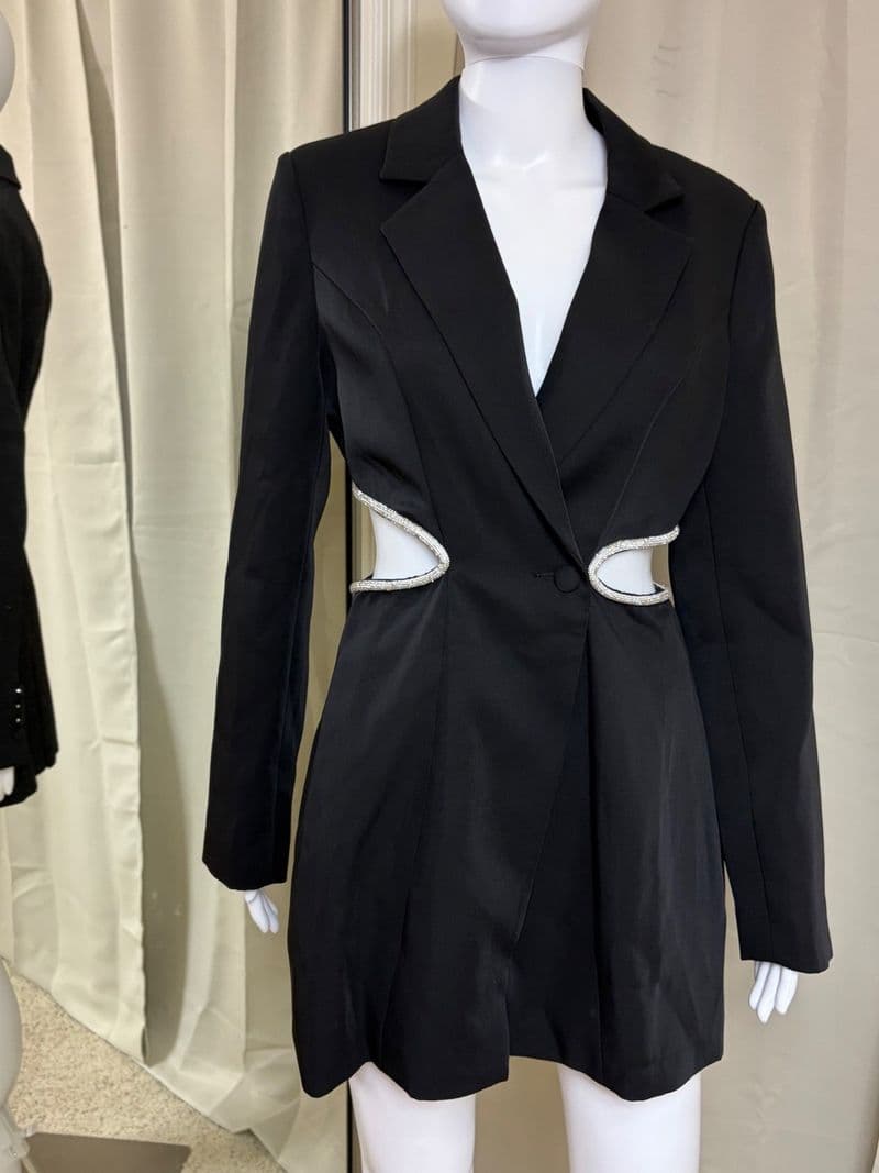 Meshki Shyann Diamante Cut Out Blazer Dress Black Crystal Trim Mini Size S — photo 1