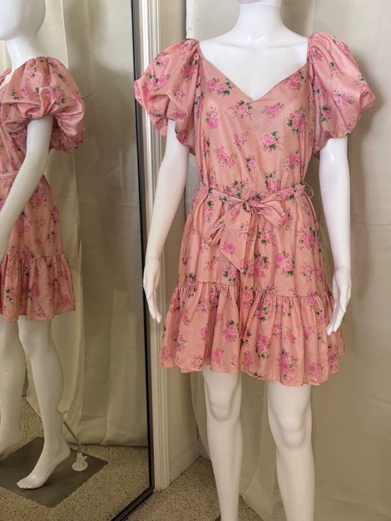 LoveShackFancy Target Pink Floral Puff Sleeve Mini Dress Sz 8 Cottagecore Ruffle — photo 1