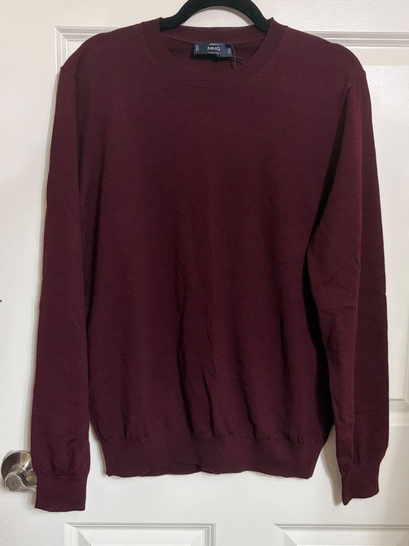 Mango MNG Essentials Mens Merino Wool Sweater Burgundy Crew Neck Medium NEW — photo 1