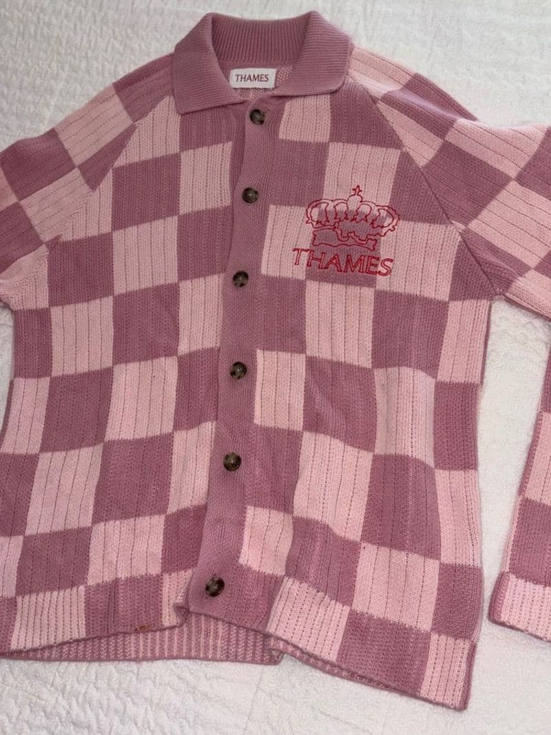 Thames London Pink Checkered Knit Cardigan Crown Logo Streetwear Small — photo 1