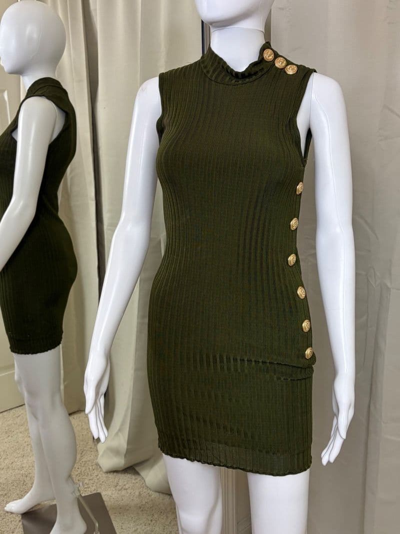 Balmain Paris Olive Green Ribbed Knit Button Mini Dress Mock Neck Size 34 France — photo 1