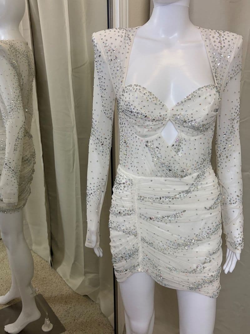 White Rhinestone Mesh Mini Dress Long Sleeve Ruched Party Large — photo 1