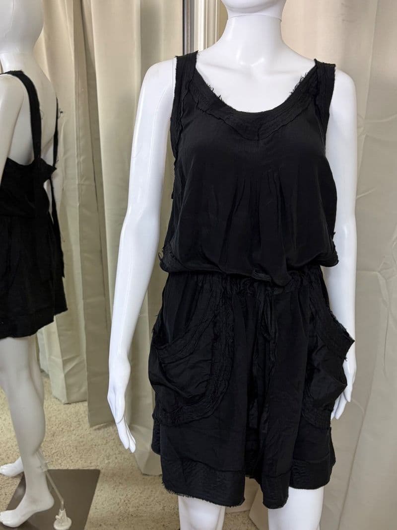 Wilster Black 100% Silk Raw Edge Mini Dress Drawstring Waist Pockets Size 3 — photo 1