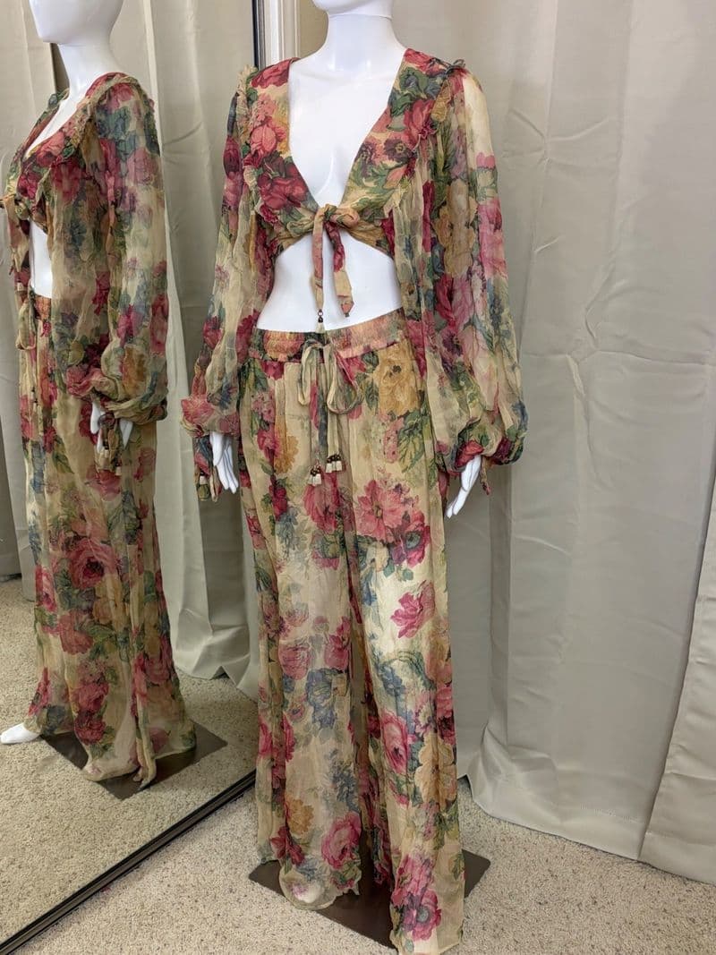 Zimmermann Melody Silk Two Piece Set Crop Tie Top Wide Leg Pants Size 2 Boho — photo 1