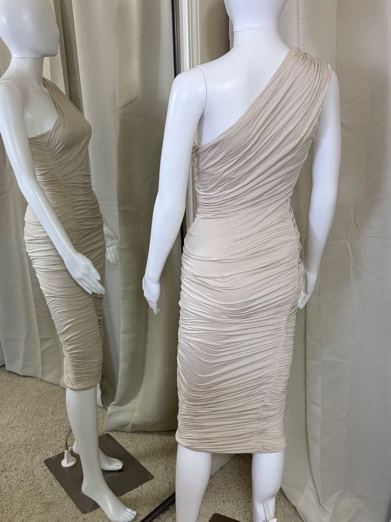 One Shoulder Ruched Midi Dress Tan Beige Bodycon Small — photo 1