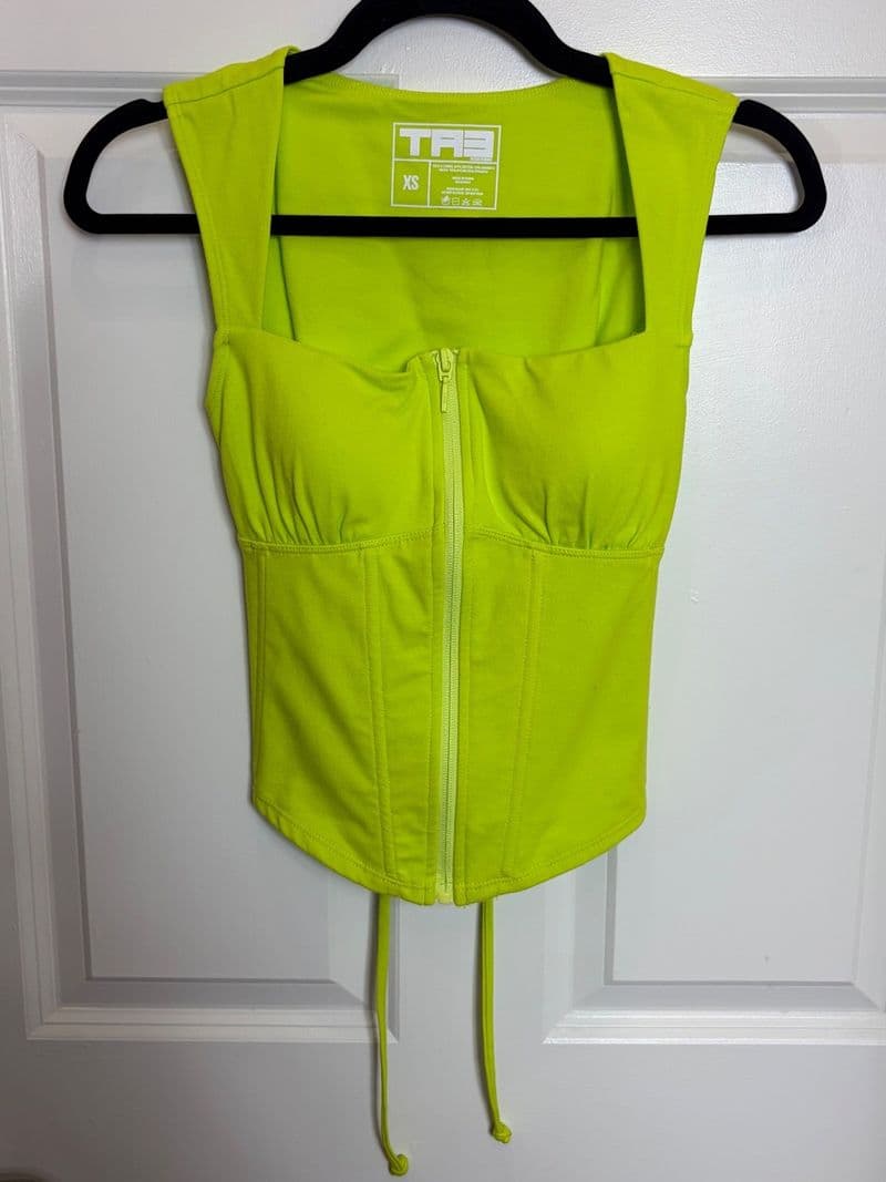 TA3 Neon Lime Green Zip Front Lace Up Back Corset Top XS — photo 1