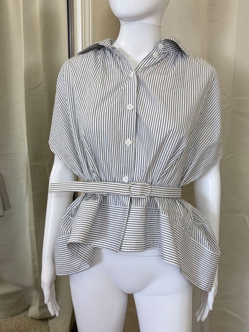 Rosie Assoulin Striped Cotton Cape Shirt Blouse with Belt Size S — photo 1