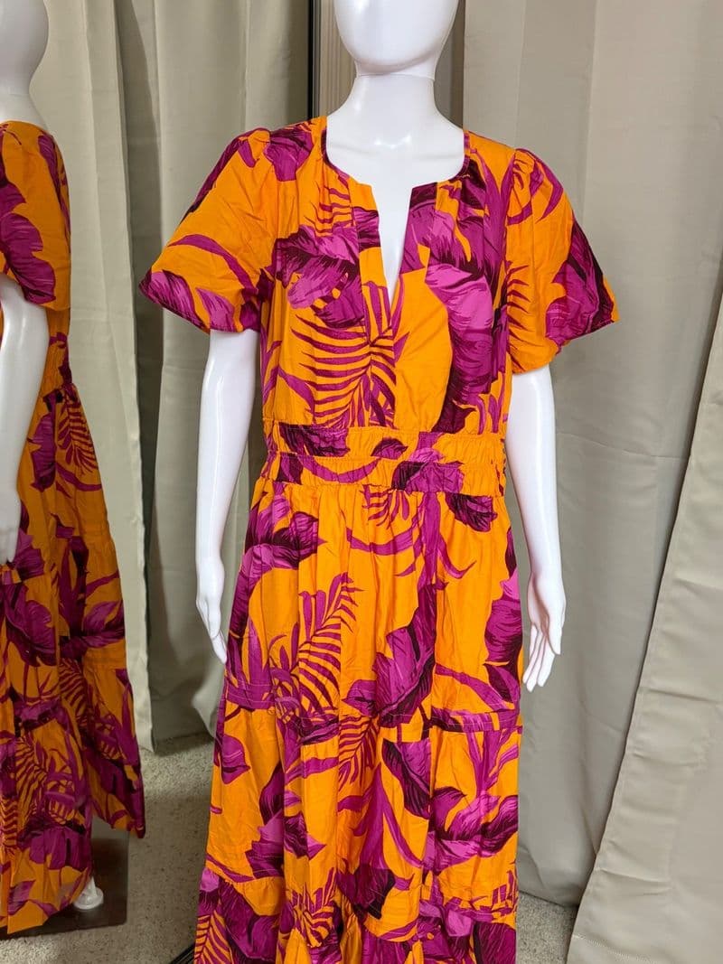 Anthropologie Tropical Palm Print Maxi Dress Orange Purple Tiered V-Neck Large — photo 1