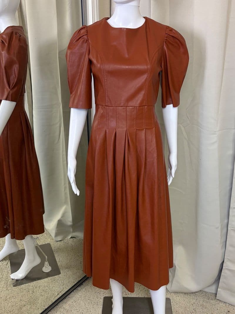 En Saison Cognac Faux Leather Puff Sleeve Pleated Midi Dress ES1308D Brown Small — photo 1
