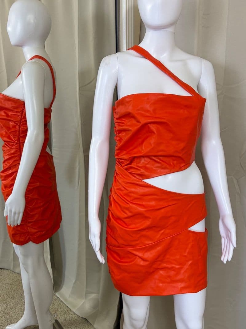 Michael Costello x REVOLVE Orange Faux Leather Ruched Cut Out Mini Dress Mens M — photo 1