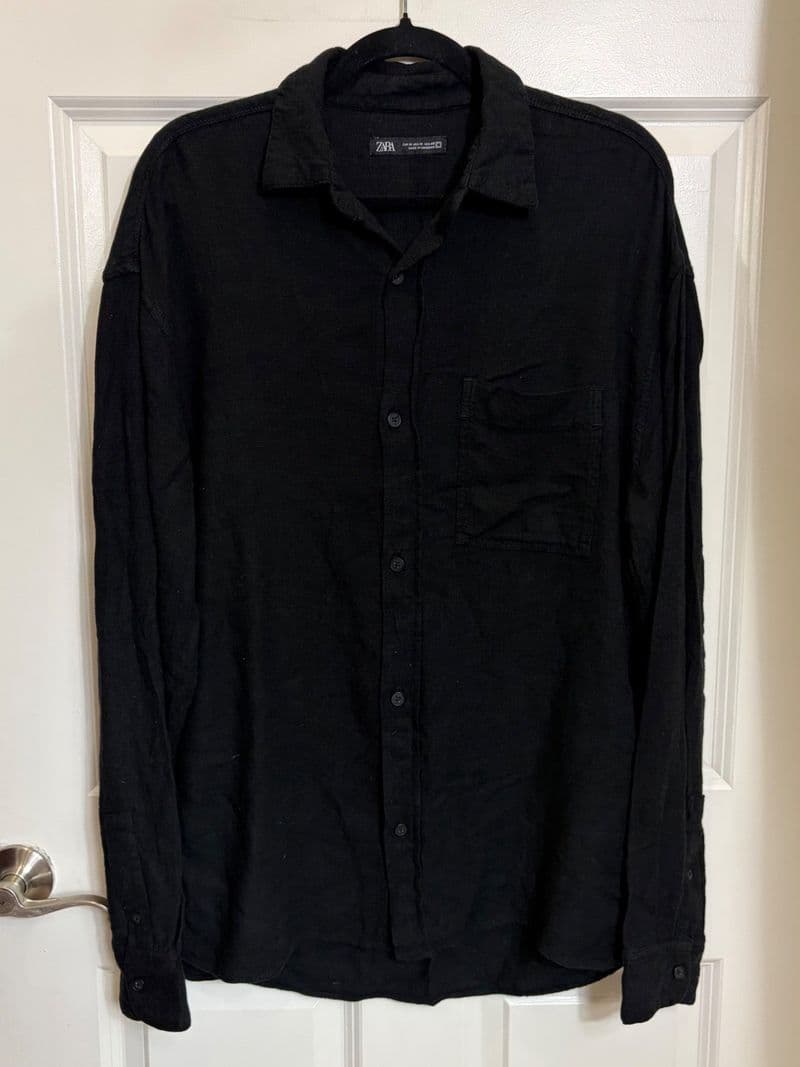 Zara Man Black Linen Blend Long Sleeve Button Down Shirt Medium Pocket Casual — photo 1