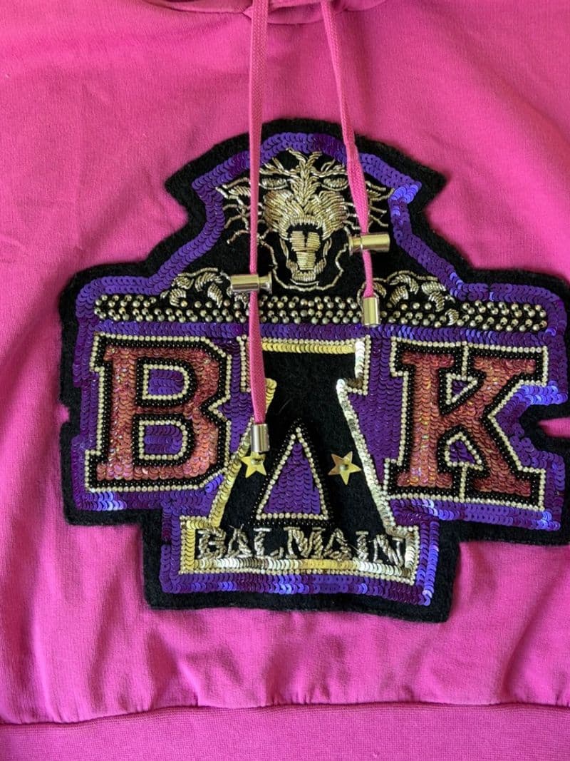 Balmain x Beyonce BAK Pink Cropped Hoodie Sequin Crest Womens Small — photo 1