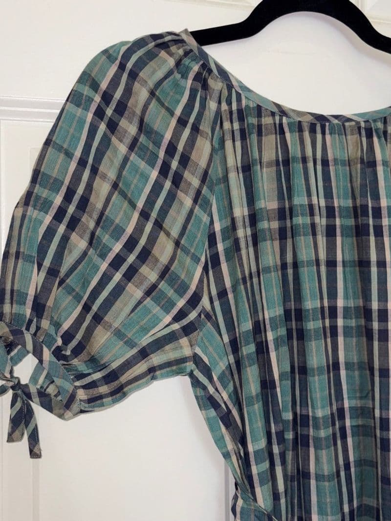 Mirth Ostuni SS Maxi Dress Ocean Plaid Tiered Cotton Puff Sleeve New Small — photo 1