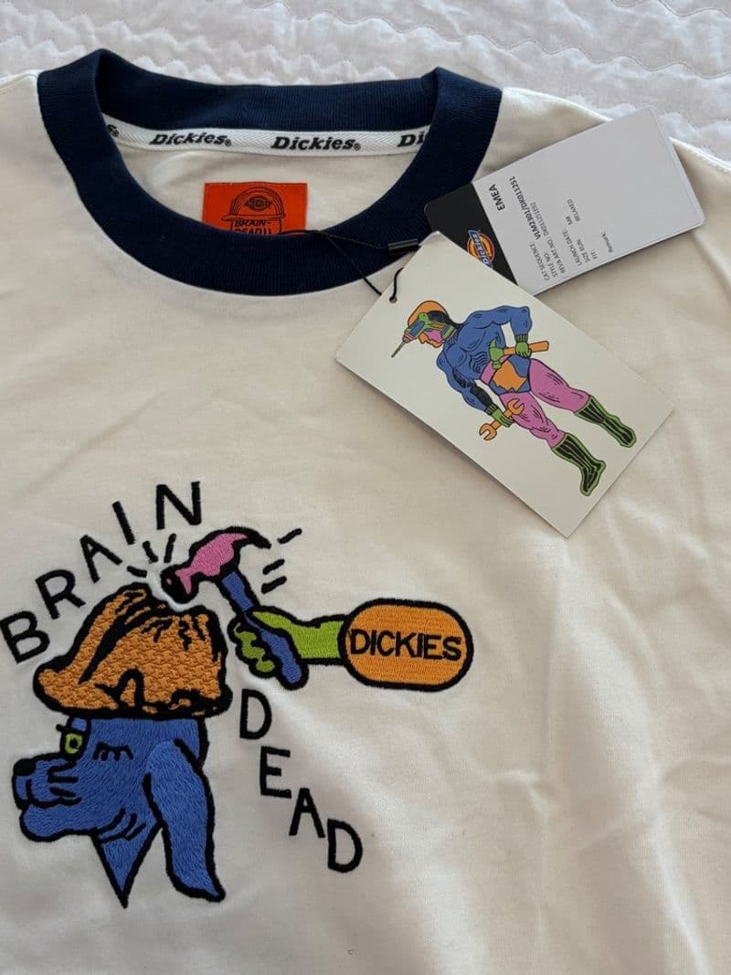 Dickies x Brain Dead Ringer T-Shirt Cream Navy Embroidered Graphic DK011251 M — photo 1
