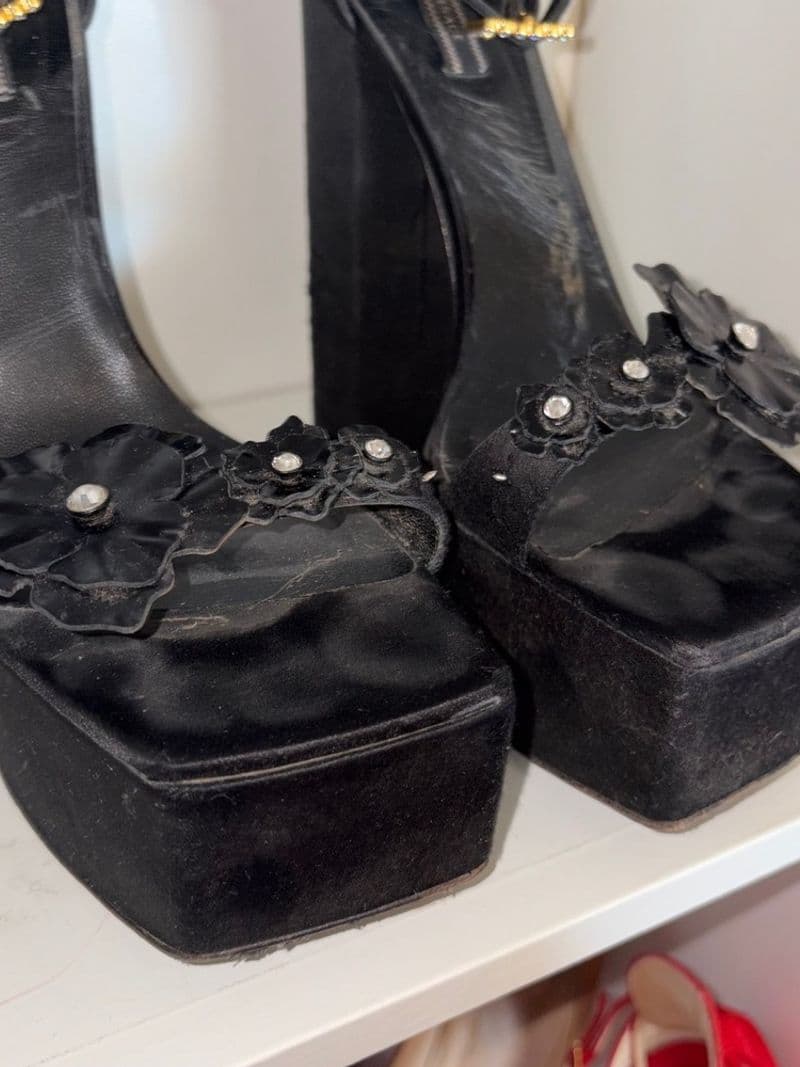 Versace Black Satin Floral Crystal Platform Sandals Medusa Block Heel Size 40 — photo 1