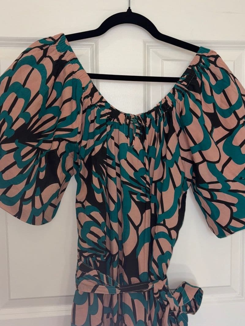Mirth Handmade Cotton Maxi Dress Teal Pink Abstract Print Belted Womens Medium — photo 1