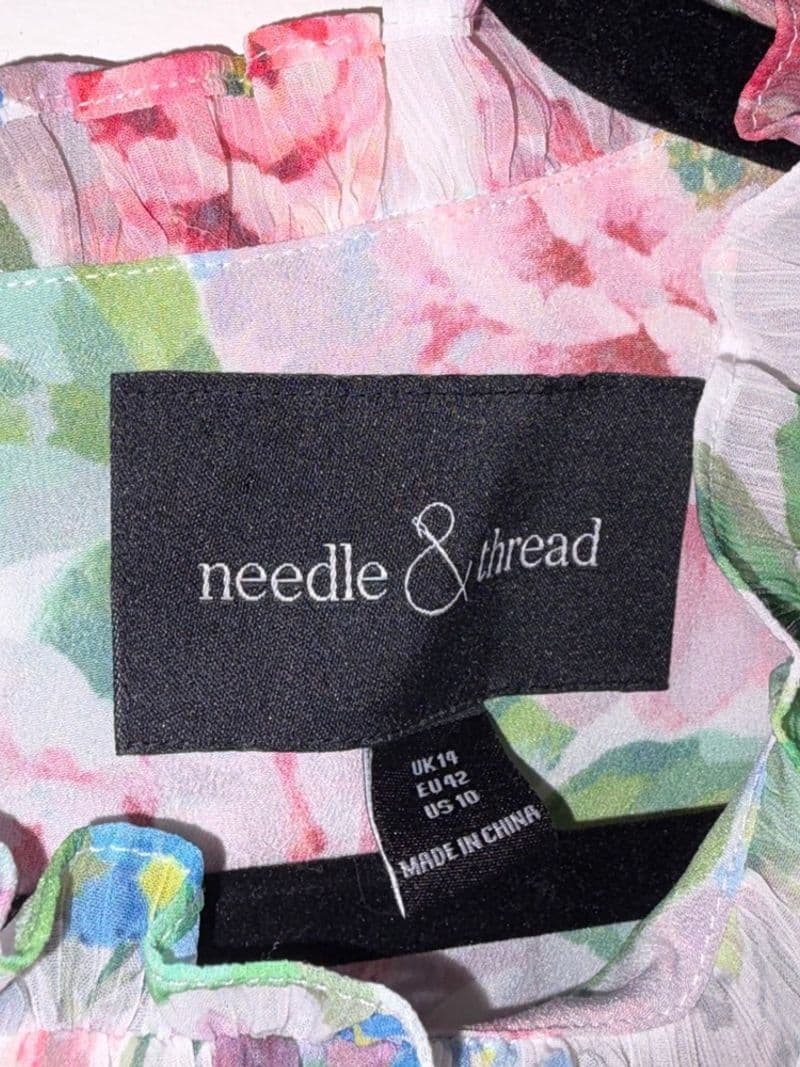 Needle & Thread Floral Chiffon Ruffle Midi Dress Pink Blue White US 10 UK 14 — photo 1