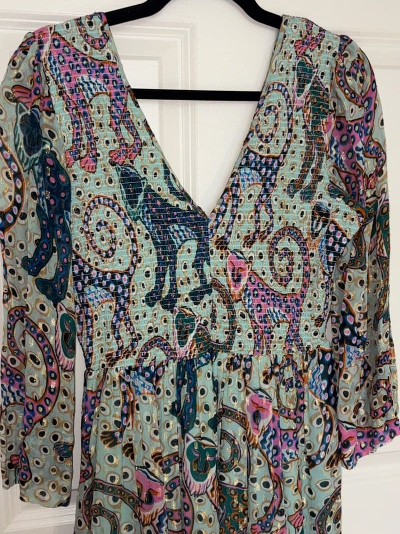 Oliphant Aqua Whimsical Animal Print Smocked Lurex Maxi Dress Womens Medium — photo 1