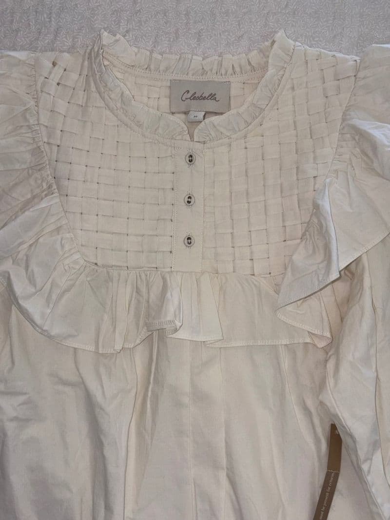 Cleobella Ivory Organic Cotton Basketweave Ruffle Balloon Sleeve Blouse Medium — photo 1
