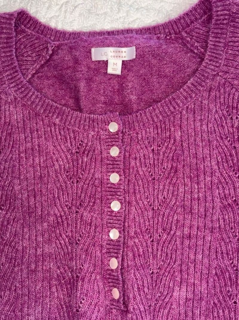 LC Lauren Conrad Magenta Purple Pointelle Henley Sweater Balloon 3/4 sleeve — photo 1