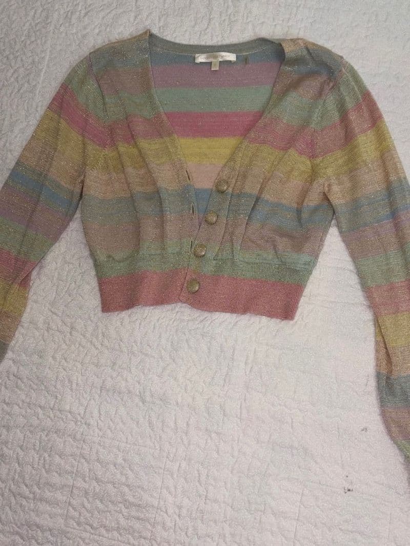 LoveShackFancy Rainbow Metallic Striped Cropped Cardigan Pastel V-Neck Small — photo 1