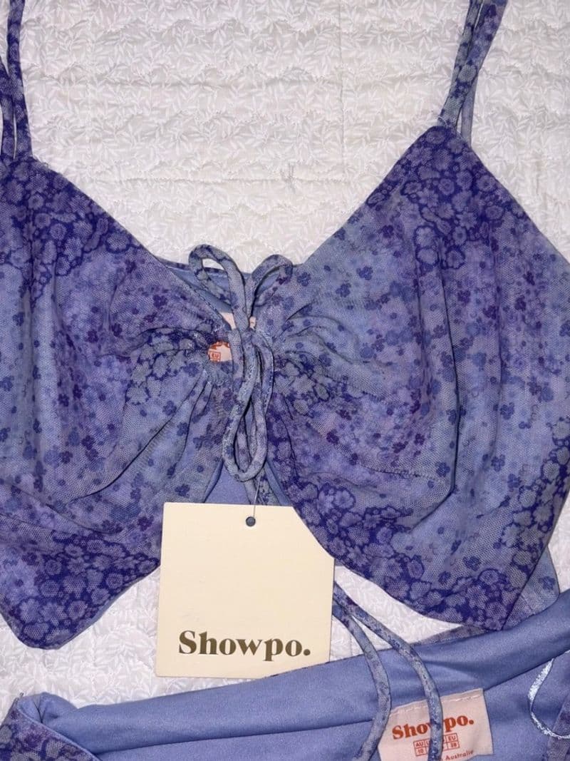 Showpo Escape The Day Two Piece Set Blue Floral Mesh Ruched Skirt Crop Top US 6 — photo 1