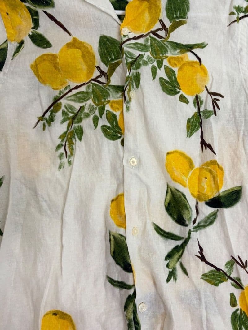 Zara Mens Lemon Citrus Print Short Sleeve Button Down Linen Shirt White Small — photo 1