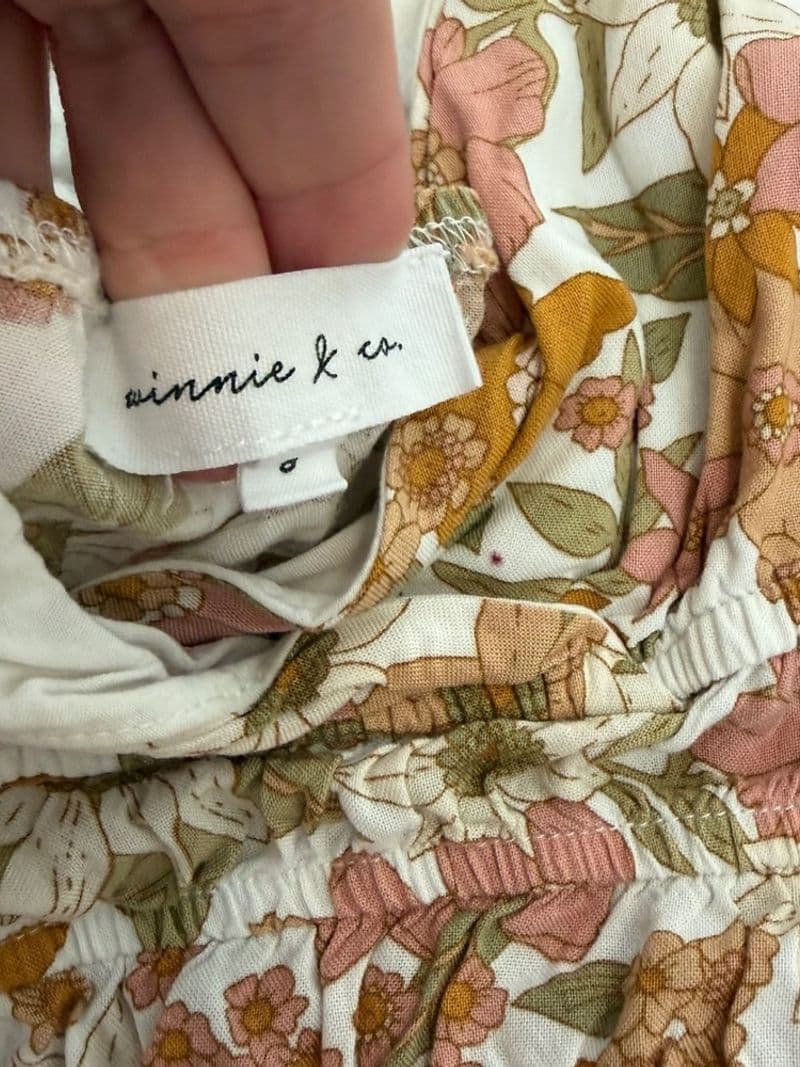 Winnie & Co Floral Tiered Ruffle Romper Dress Mustard Pink Size 8 Smocked Retro — photo 1