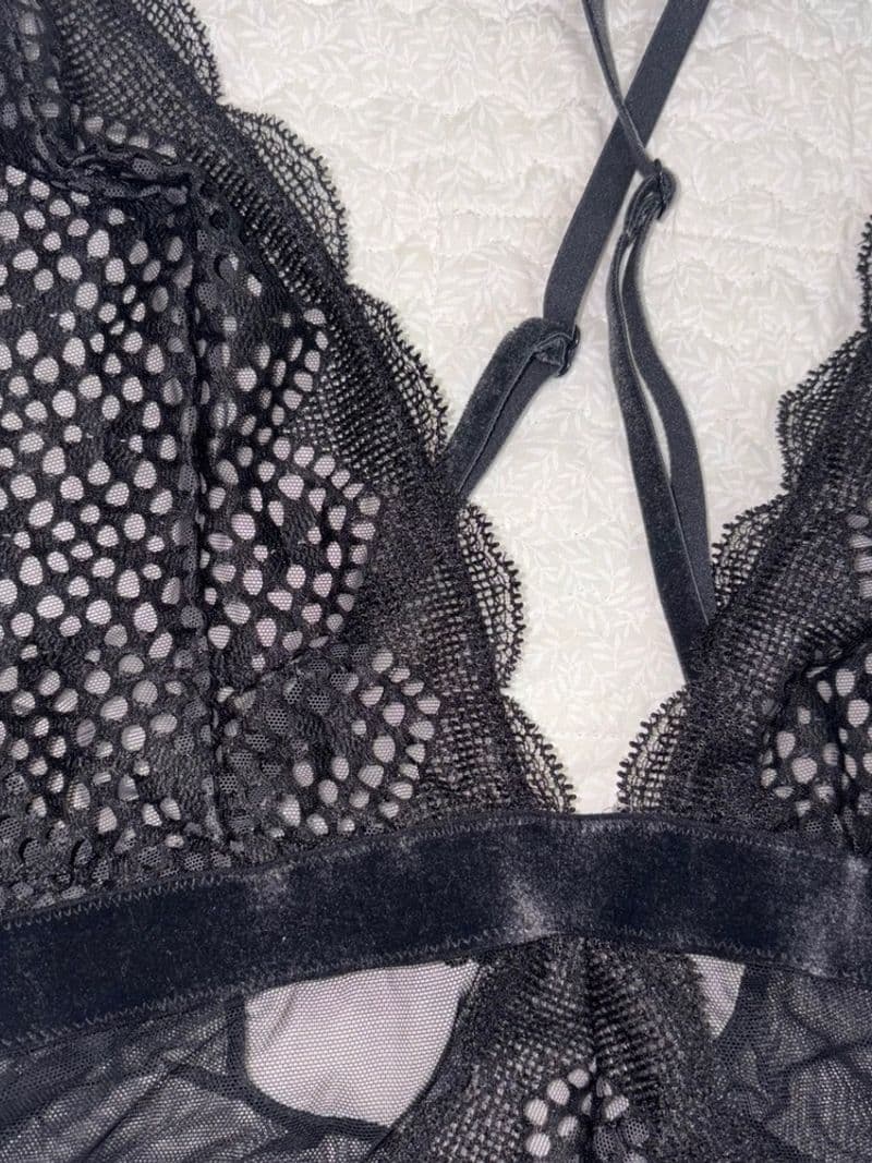 Victorias Secret Black Lace Mesh Bodysuit Sheer Velvet Trim XS — photo 1