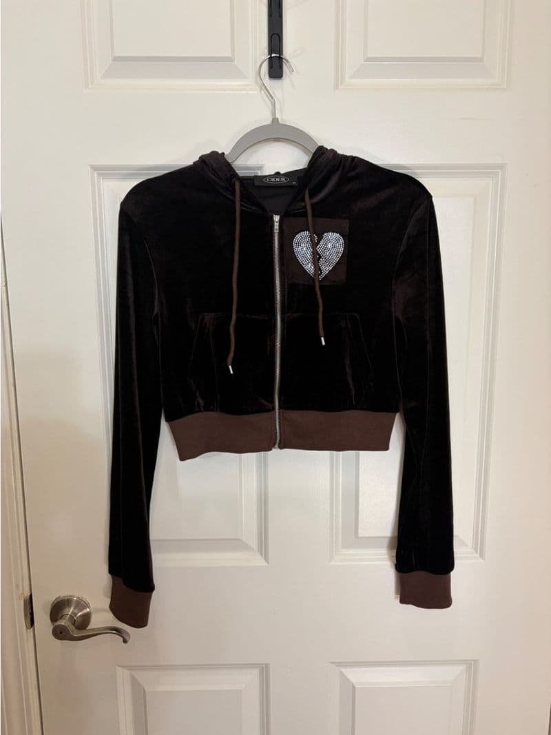 Cider Brown Velour 2 Piece Set Cropped Hoodie Mini Skirt Rhinestone Heart Medium — photo 1