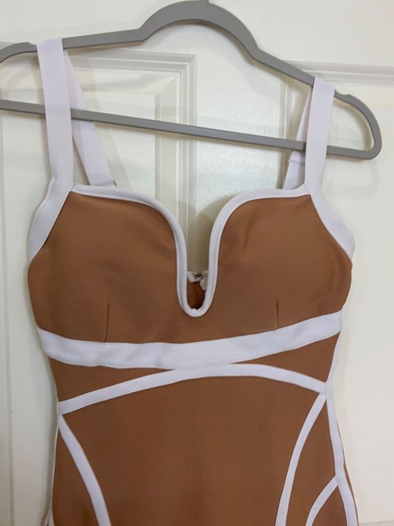 Fashion Nova Tan White Contrast Bandage Midi Plunge V-Neck Bodycon Womens M — photo 1