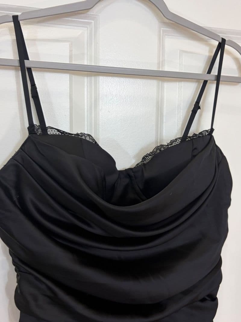 Oh Polly Black Satin Ruched Cowl Neck Lace Trim Mini Dress US 8 — photo 1