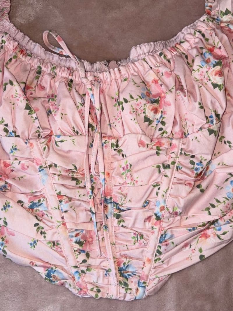 House of CB Gracie Pink Floral Corset Top Puff Sleeve Ruched Bust Size L — photo 1
