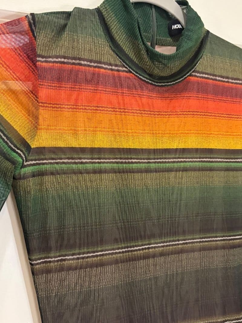House of Holland Mesh Stripe Mock Neck Long Sleeve Mini Dress Green Orange US 4 — photo 1
