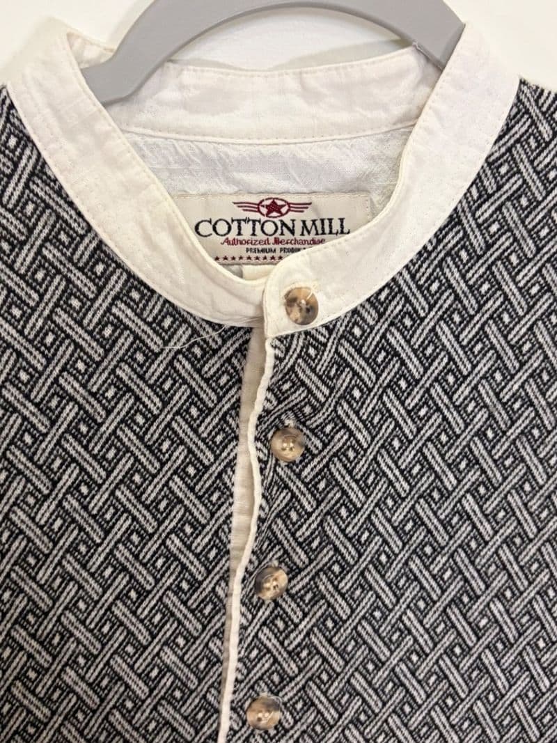 Vintage Cotton Mill Mens Navy White Geometric Basketweave Henley Shirt Large — photo 1