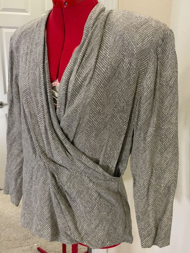 Ellen Tracy Linda Allard Silk Blouse Grey Herringbone Wrap Front Button Back 8 — photo 1