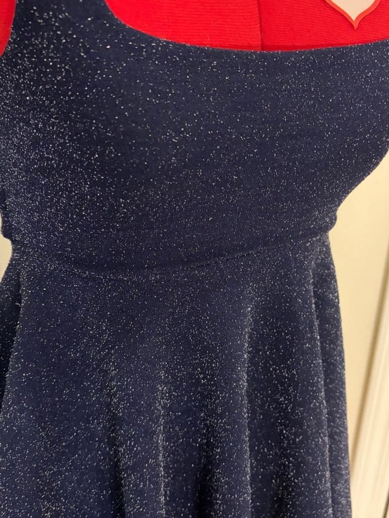Lucy in the Sky Navy Blue Glitter Skater Dress Square Neck Back Tie Mini Small — photo 1
