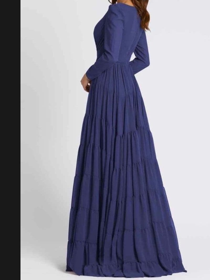 Ieena for Mac Duggal Navy Blue Tiered Chiffon Long Sleeve Gown Maxi Dress 6 — photo 1