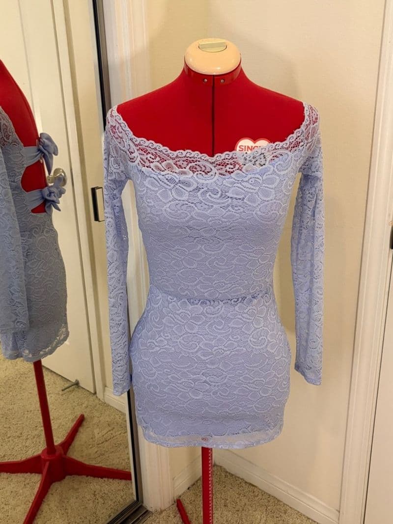 Lucy in the Sky Light Blue Lace Mini Dress Open Back Bow Long Sleeve Womens S — photo 1