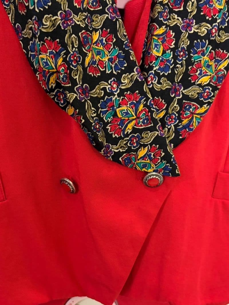 Leslie Fay Vintage Red Vest Floral Shawl Collar Double Breasted Rayon Size 38 — photo 1